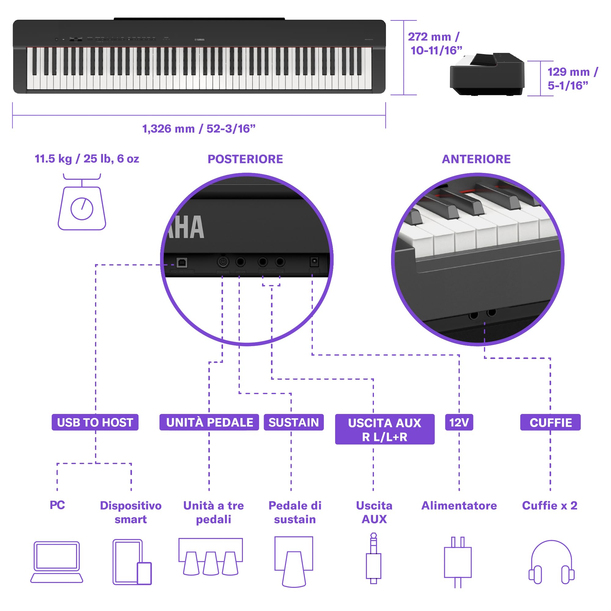 Yamaha P-225 pianoforte digitale 88 tasti nero 24 suoni