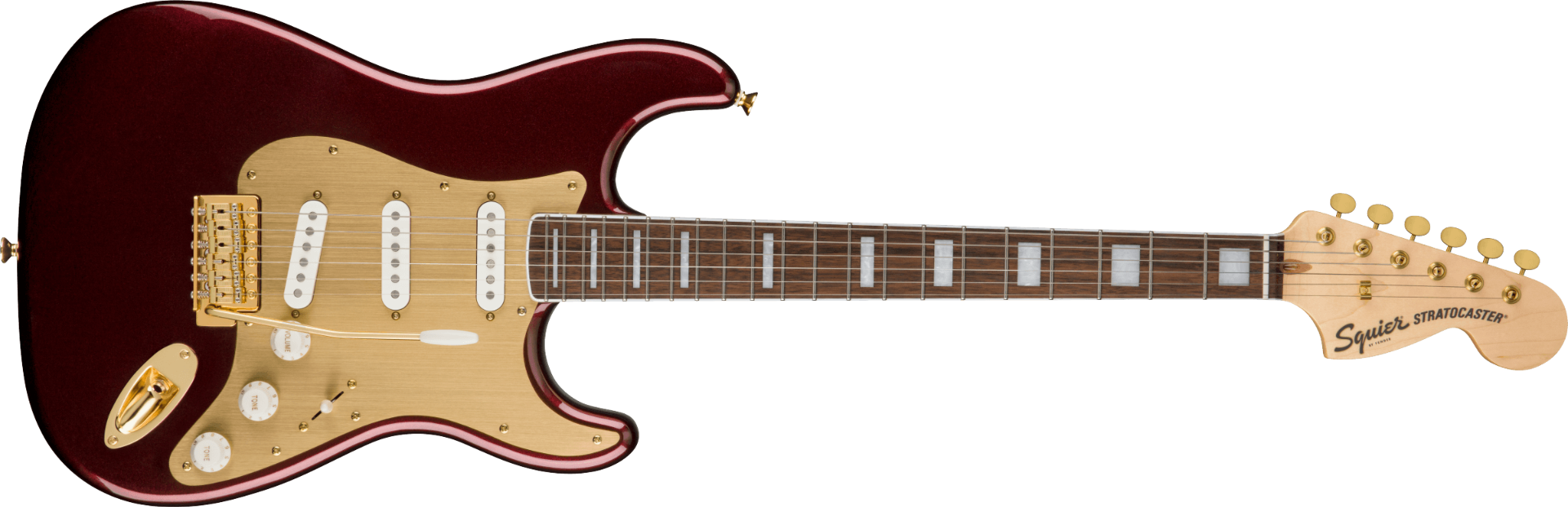 Squier 40th Anniversary Stratocaster elettrica Ruby Red Metallic