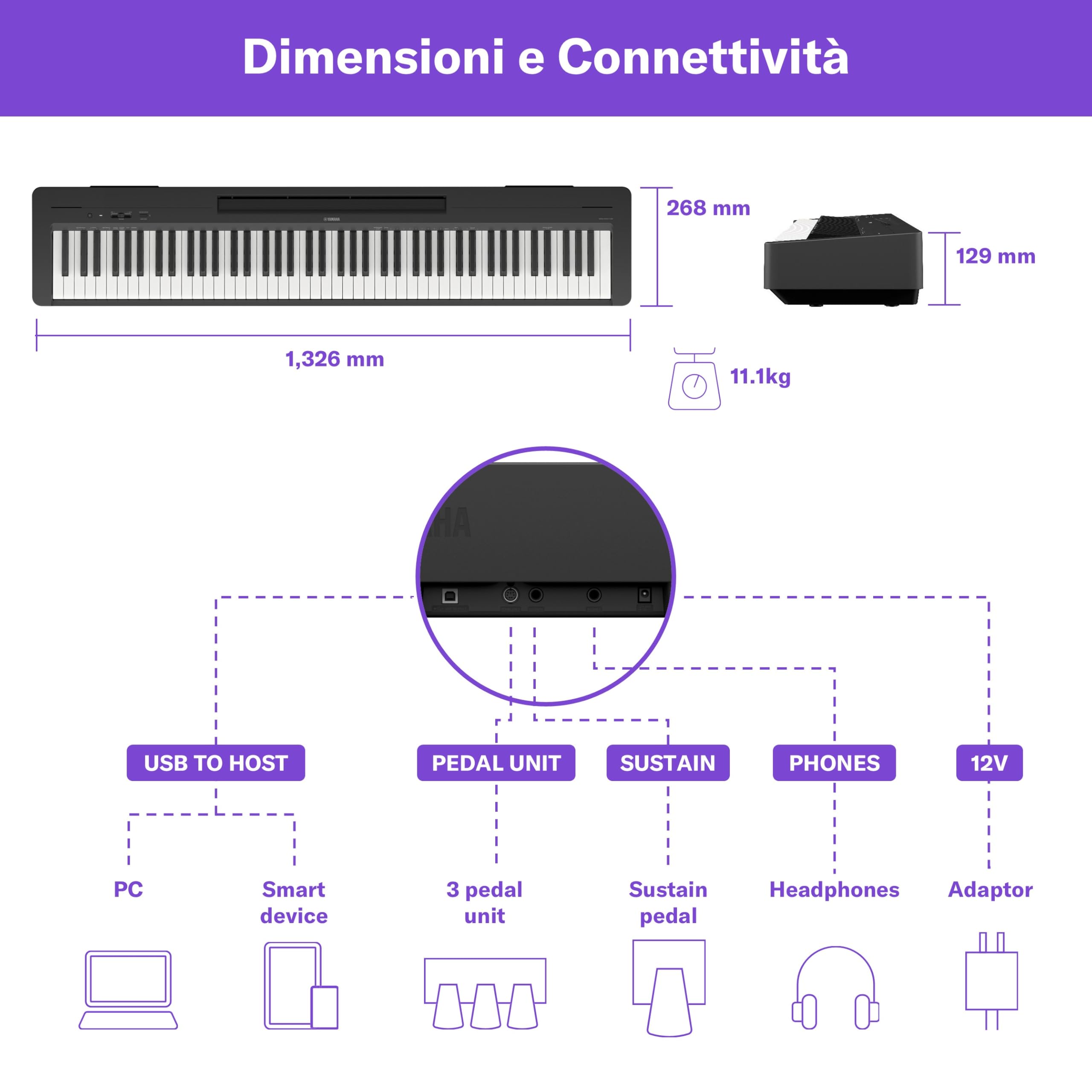 Yamaha P-145BT pianoforte digitale 88 tasti nero bluetooth